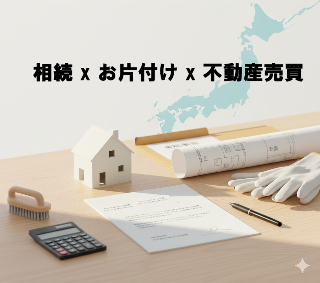 alt="相続手続き・片付け・不動産売却をワンストップでサポートするイメージ。机の上に相続書類、家の模型、不動産フォルダー、片付け道具が並び、背景に大阪・京都・滋賀エリアの地図が描かれている。"