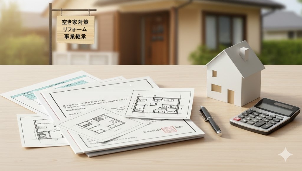 alt="相続した実家や空き家の補助金・助成金を検討するイメージ（空き家対策・リフォーム・事業承継の書類と家の模型が並ぶデスク）"