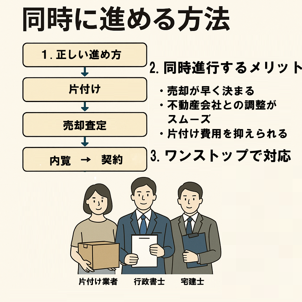 相続した家の片付けと名義変更・売却を同時に進める手順をまとめた行政書士によるガイドのアイキャッチ画像。片付け業者・行政書士・宅建士が連携してワンストップ対応する様子を示すイラスト。