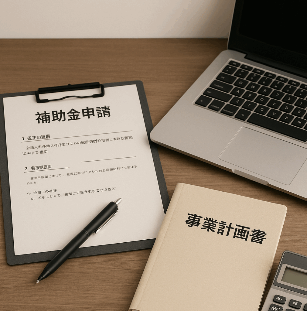 補助金申請と事業計画づくりをイメージしたデスク上の書類とパソコンの写真。行政書士による補助金サポートを表す画像。
