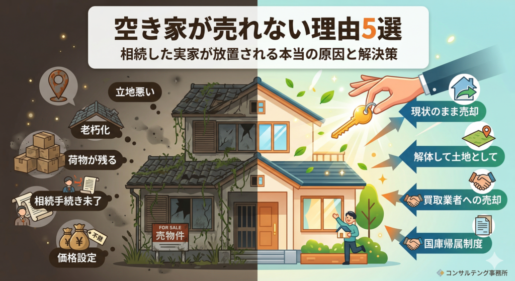 相続した空き家が売れない理由は明確です。放置すると固定資産税や管理リスクが増大します。本記事では売れない原因と具体的な解決策を行政書士が解説します。