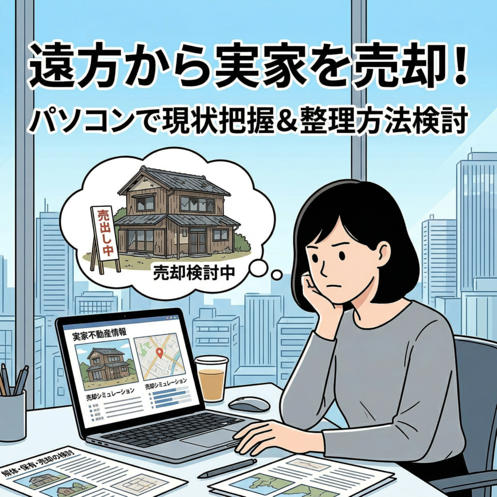 都会のデスクで、遠方に住む日本人女性の相続人が、ノートパソコンで実家不動産情報を確認しながら、遠方にある荒れた実家の状況を把握し、整理方法（売却、解体、保有）を検討している様子を描いた、現代的なアイキャッチ画像。都會にいながら問題が解決できるという希望を持たせる明るいトーンで、日本語のメインタイトル「遠方から実家を売却！」もスペルミスなく中央に配置しています。彼女の頬杖は維持しつつ、計画を練っている感じを表現しました。元の「登記」看板は排除し、彼女の胸の前はすっきりし、手はパソコンの上にあります。吹き出しの中に、遠くにある「売出し中」の古い日本の家のイラスト（家の看板に「売却検討中」と書かれている）があり、家のイラストの看板には「売出し中」と書かれています。