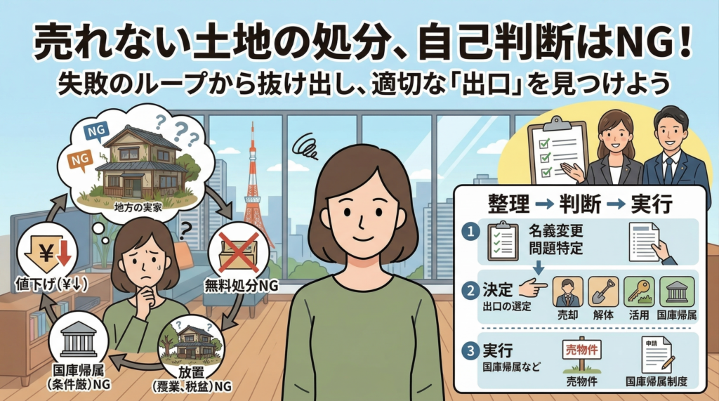 「売れない土地の処分、自己判断はNG！」というタイトルが書かれたインフォグラフィック画像。自己判断による失敗のループ（安易な値下げ、無料処分の失敗、放置など）と、専門家が介入する「整理・判断・実行」の正しい解決ステップを対比して視覚化したイラスト。