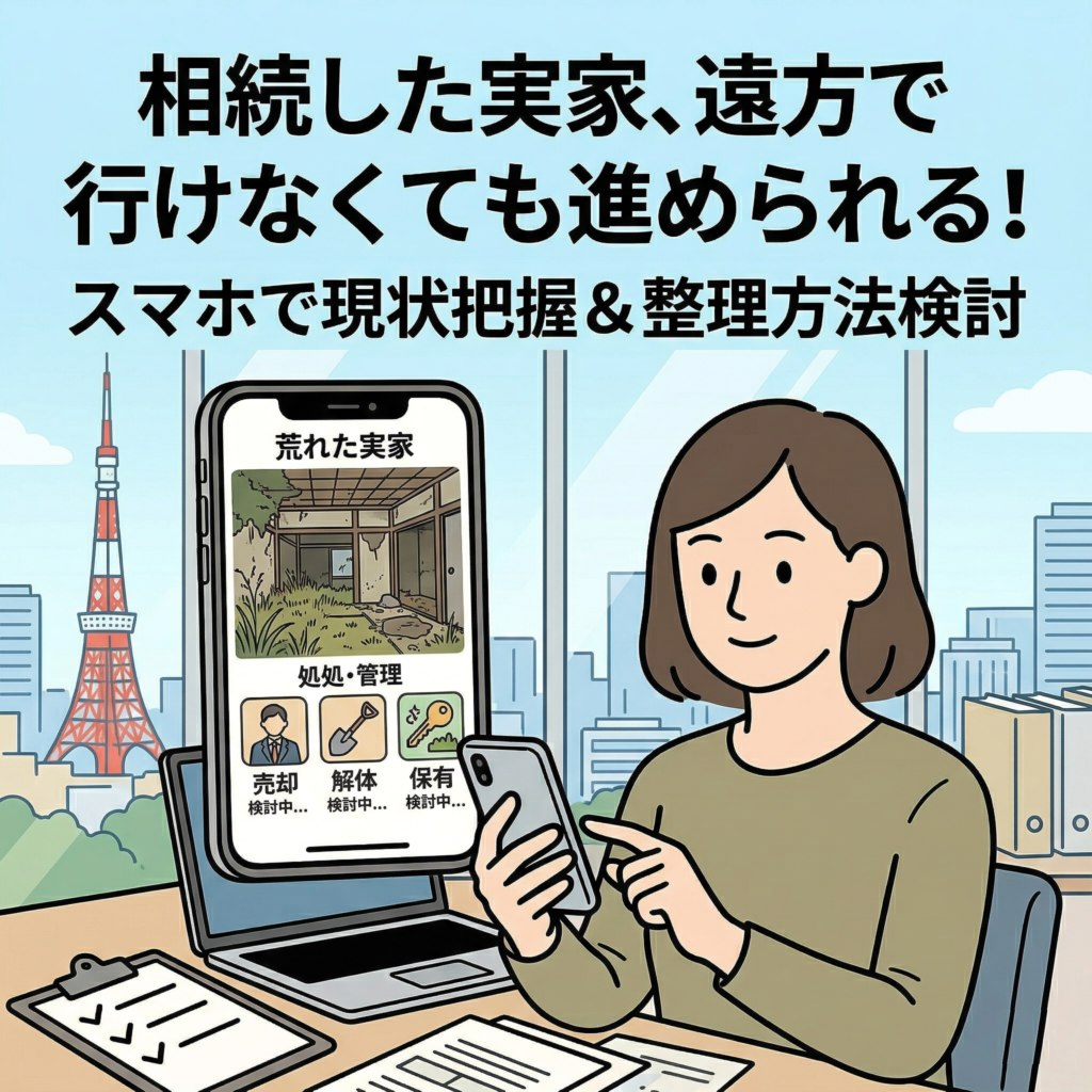 遠方に住んでいる相続人がスマートフォンで空き家の状況を確認しながら整理方法を検討しているイメージ